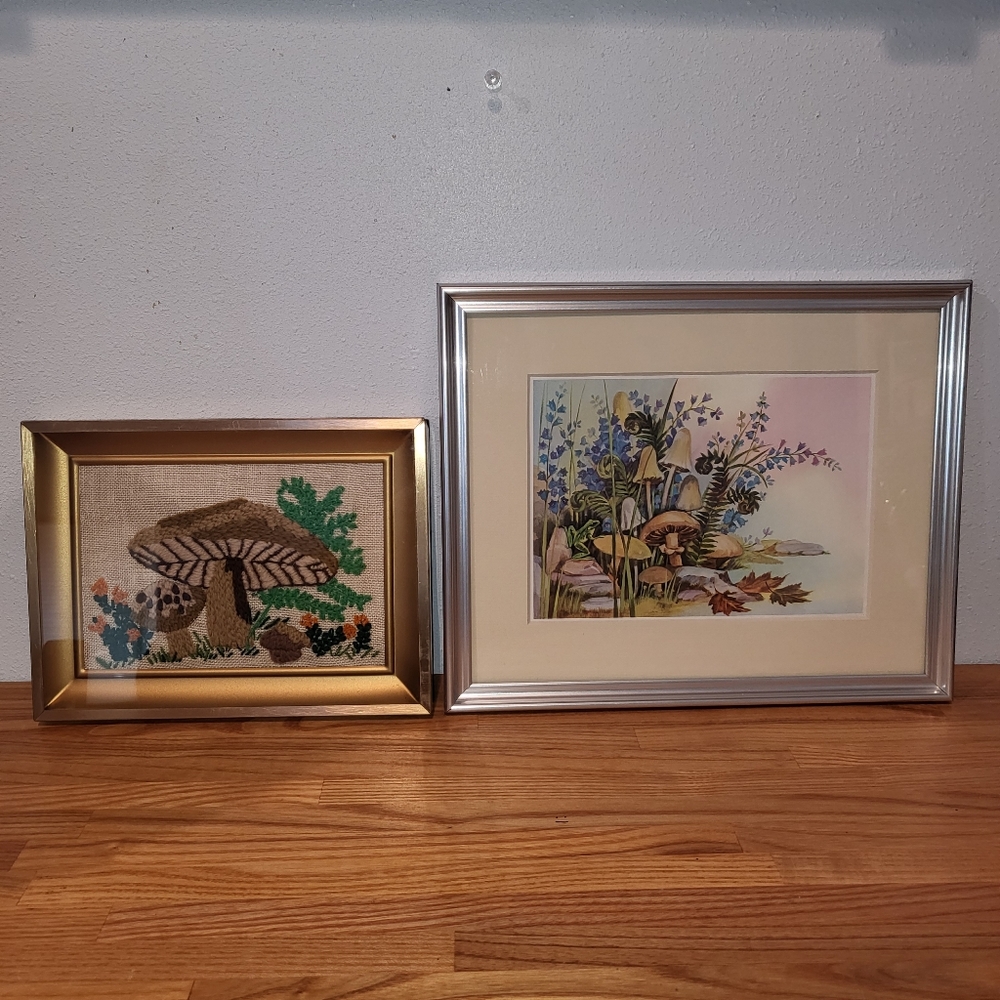 Embroidered mushroom wall picture frame frog litho print whimsical art toadstool
